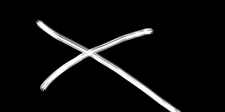 White Cross Mark Brush Stroke X Symbol on Black Background. 
