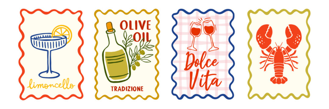 Italian food postcards Dolce vita set with limoncello olive oil wine and lobster. Vintage travel illustration Mediterranean cuisine and drink vector design