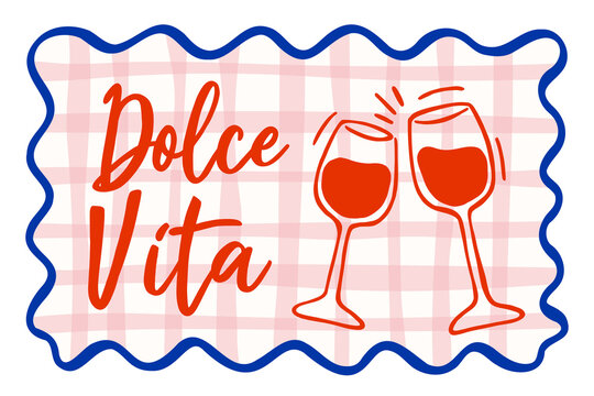 Dolce vita red wine glasses clinking hand drawn illustration. Italian lifestyle toast with checkered background vintage style wine celebration transparent graphic