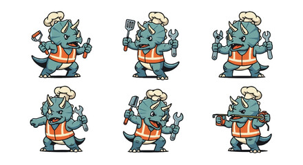 Cartoon triceratops characters in various poses with tools isolated © jakun