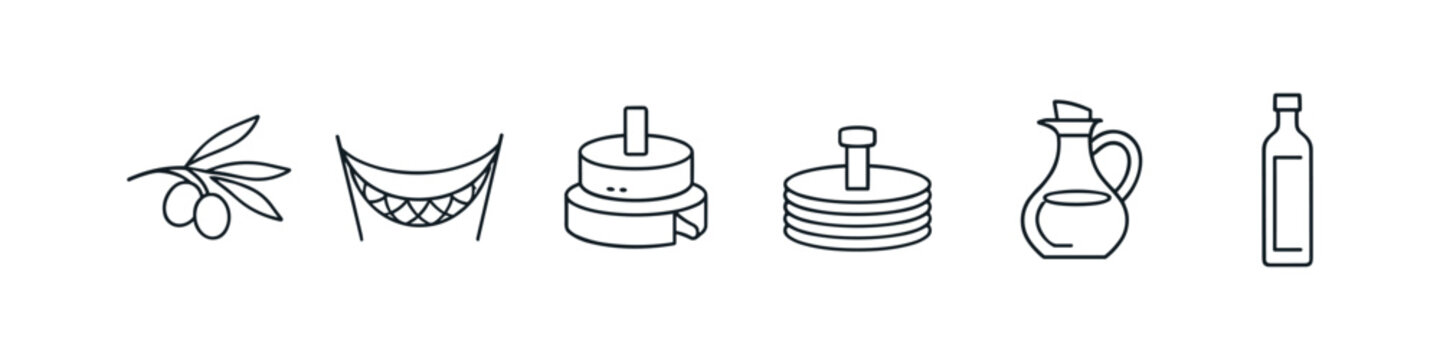 Olive oil production process icons: olives, press, and bottling
