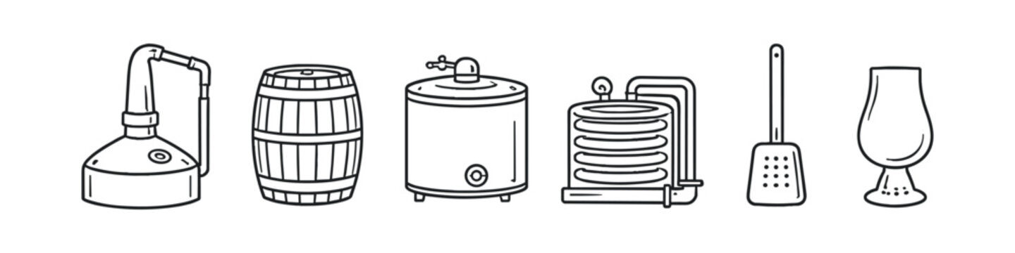 Collection of line art icons representing distillation and brewing equipment