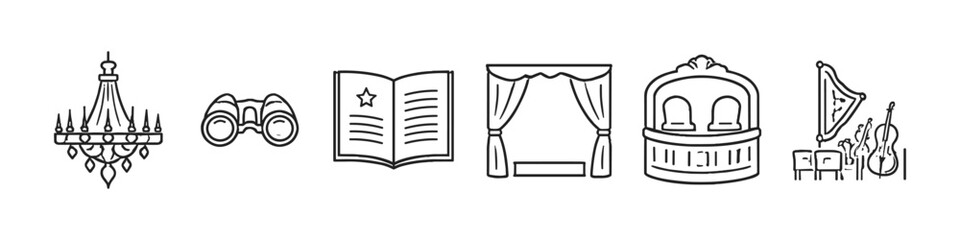 Fototapeta premium Collection of icons representing elements of a theater and performance arts