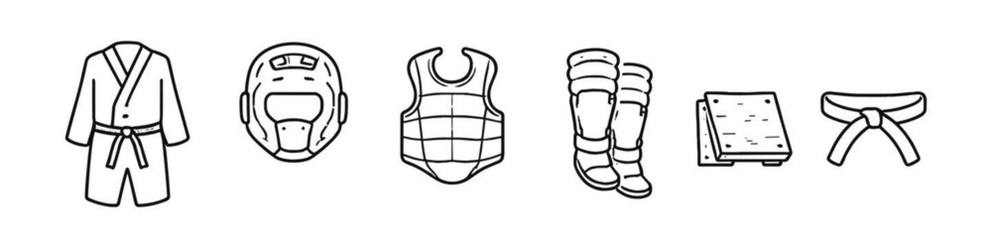 Collection of martial arts equipment and protective gear for combat sports