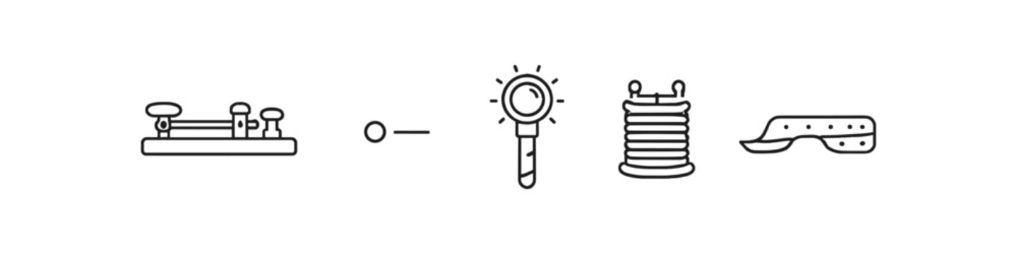 Vintage communication icons: telegraph key, Morse code, signal lamp, spool, and goggles