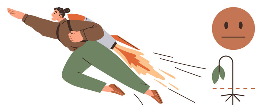 Career aspiration, environmental challenges, motivation, personal growth, sustainability, mental state. Person with rocket backpack flying upward. Career aspiration and personal growth concept