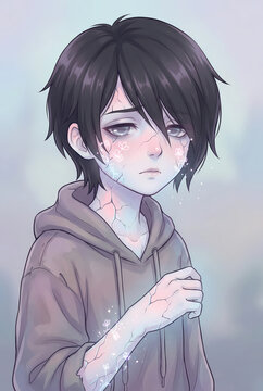 Melancholy Anime Boy with Magical Glowing Skin Cracks - &mdash; Sad Emotional Illustration