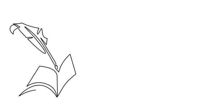 Animated self drawing of continuous line draw open book with flying pages. Back to school. Full length one line animation. 4K