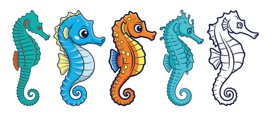 Set of five cute seahorse characters in cartoon style, isolated on white background. © Designbundle