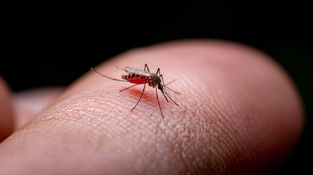 Mosquito biting human skin, blood feeding insect and disease transmission concept