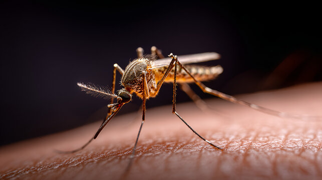 Mosquito sucking blood on human skin, disease transmission and infection risk concept