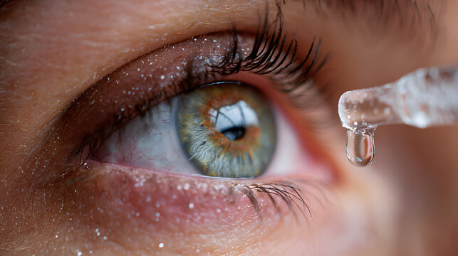 Applying eye drops to dry eye, close up macro of eye care and ophthalmology treatment