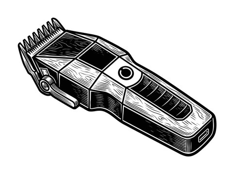 Vintage Cordless Hair Clipper Grooming Tool Engraving Illustration Black and White Line Art