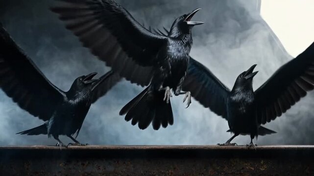 Three black ravens sitting on a rusty iron beam with a mysterious smoky background in cinematic studio lighting