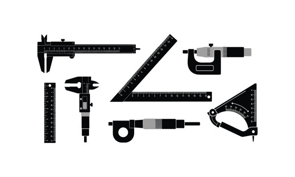 Assorted precision measuring and drafting tools in black and white illustration