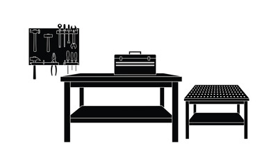 Fototapeta premium Classic workshop table setup with tools and toolbox