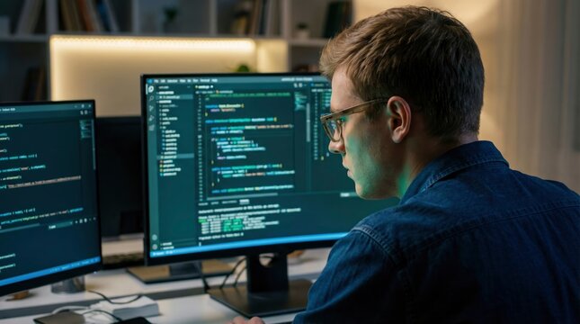 Focused software engineer wearing glasses working on computer code across multiple monitors in a home office at night
