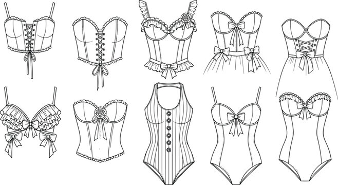 Technical Fashion Sketch Collection of Women Lingerie Featuring Various Corset Tops Bodysuits and Bustiers for Apparel Design and Garment Templates