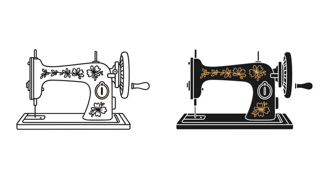 Vintage sewing machines, antique style, black and gold, vector illustrations, sewing equipment