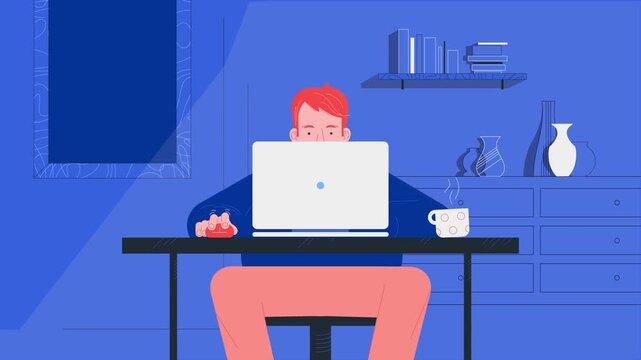 Man working late at desk with laptop at night, overtime and productivity concept, freelance 