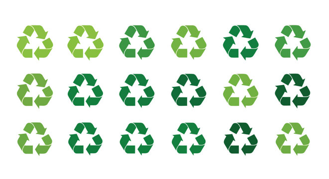 Collection of recycling symbols arranged in a grid pattern for environmental awareness.