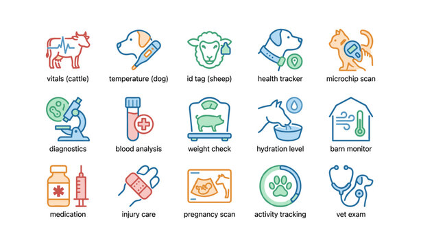Animal healthcare icons: diagnostics, monitoring, veterinary tools