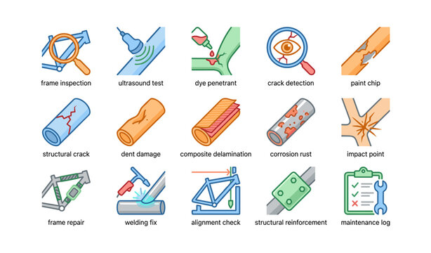 Illustrated icons of damage detection and structural repair processes