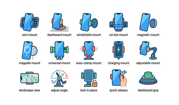 Smartphone car mounts collection with various mounting options for versatile use