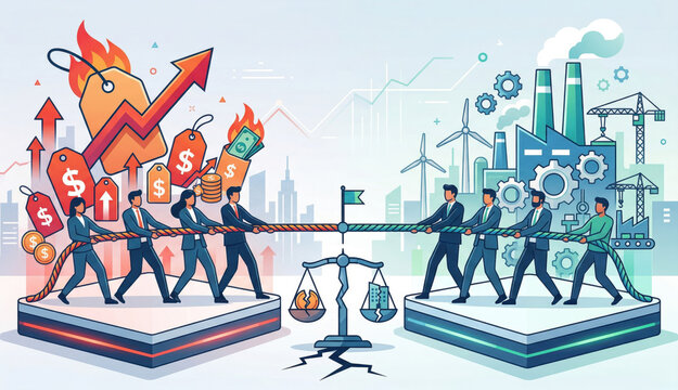 Conceptual stagflation visuals combining inflation pressure and stagnating output through minimal infographics and symbolic metaphors. Ideal for editorial content, presentations, blogs, and marketing 