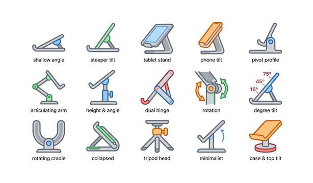 Various designs and features of adjustable tablet stands illustrated