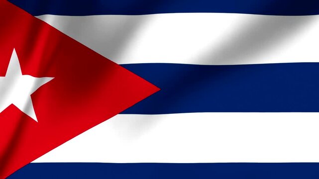 Cuban flag waving with red triangle white star and blue white horizontal stripes symbolizing freedom and patriotism in one sentence