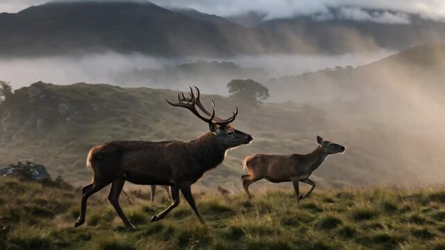 Red deer stag with majestic antlers standing in a misty mountain valley at sunrise with grazing hinds in the background