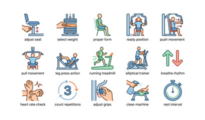 Fototapeta premium Fitness exercise icons: equipment setup and workout actions
