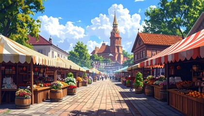 Fototapeta premium Vibrant Marketplace Scene - A Picturesque Town Square.