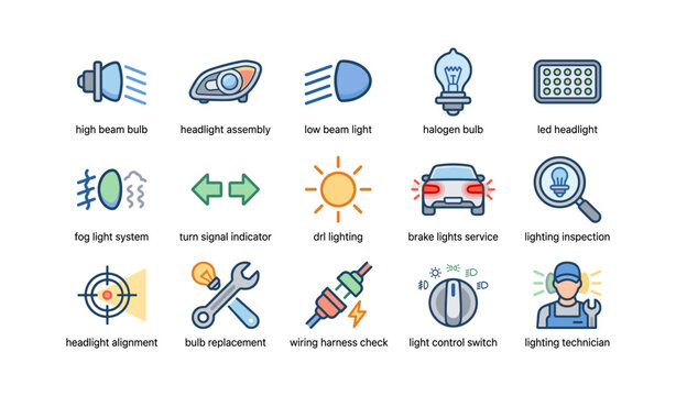 Comprehensive car lighting icons set with maintenance symbols