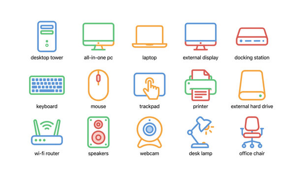 Colorful technology icons: computers, accessories, and office equipment