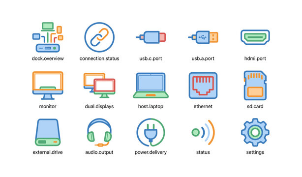 Technology icons for connectivity and devices: usb, hdmi, monitor, laptop, ethernet