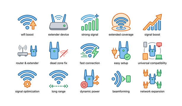 Home wifi extender and router icons for improved signal and network coverage