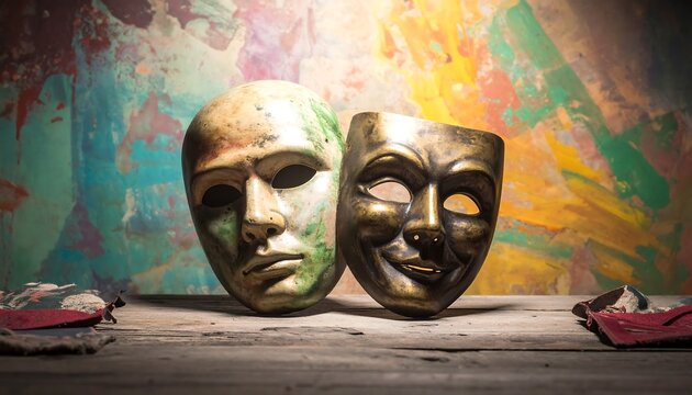 Dramatic Theater Masks - Comedy and Tragedy Symbolism on a Wooden Surface.