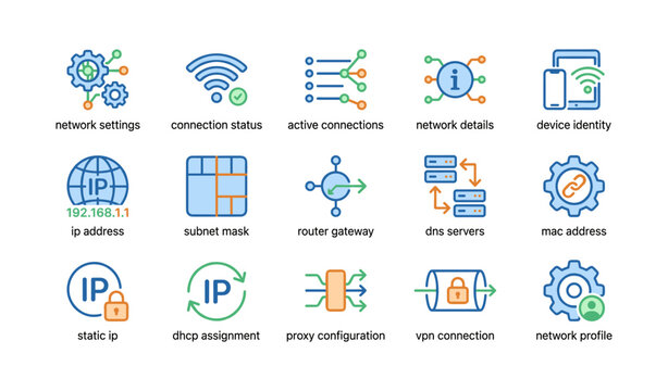 Network configuration icons: router gateway, vpn, dns, subnet, ip address connections
