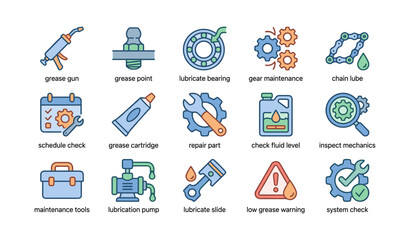 Fototapeta premium Lubrication tools and maintenance icons for gear and mechanics care