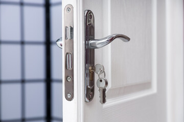 Naklejka premium Door with keys in lock at home, closeup