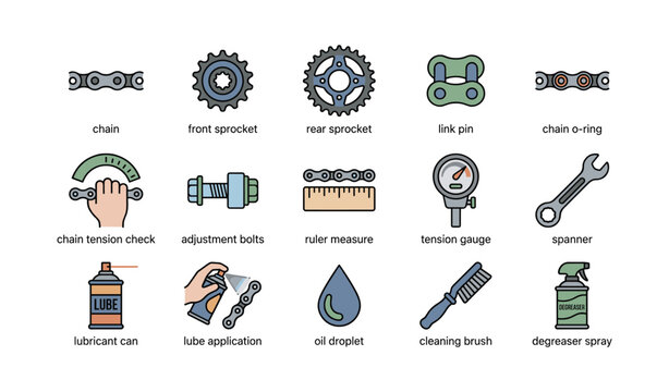 Bicycle maintenance tools: chain, sprockets, lube, tension gauge, spanner