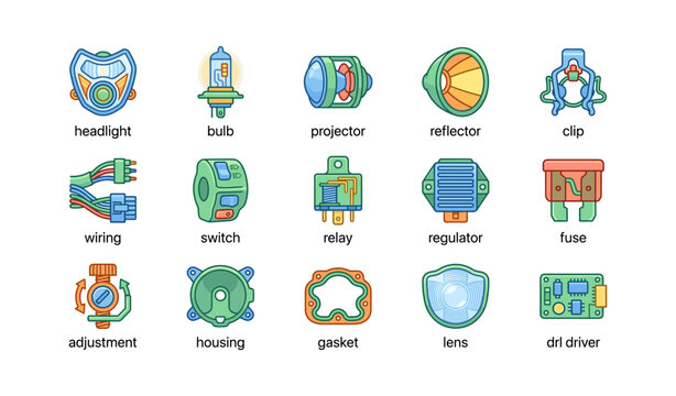 Colorful automotive parts icons featuring headlight, bulb, and projector components