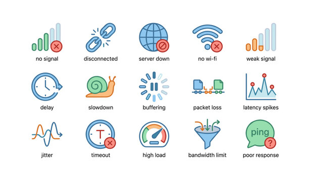 Connection issues icons: no signal, timeout, high load, wi-fi, bandwidth limit