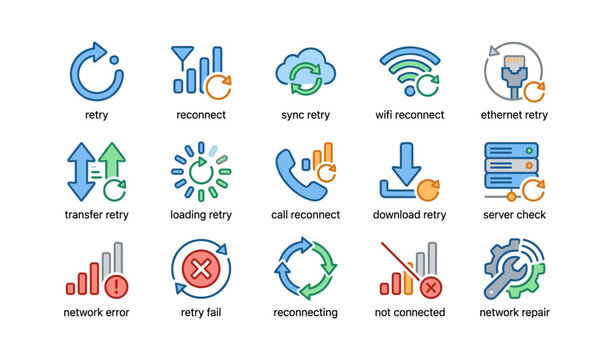 Set of network and connection status icons with retry and reconnect symbols