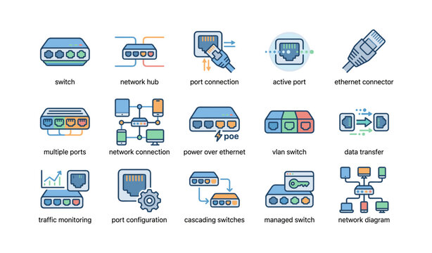 Network equipment icons: switch, hub, ethernet, vlan, data transfer, traffic monitoring