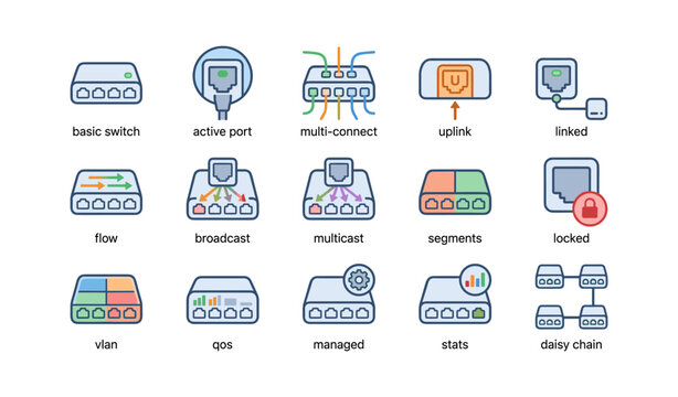 Twelve network icons illustrating various connectivity functions and features