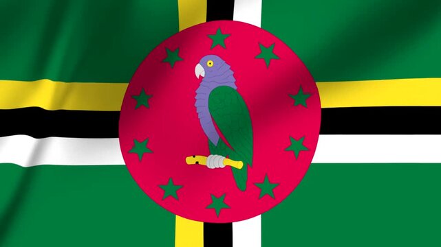 Flag of Dominica with a red circle and a parrot on a branch surrounded by stars  national symbol of the country
