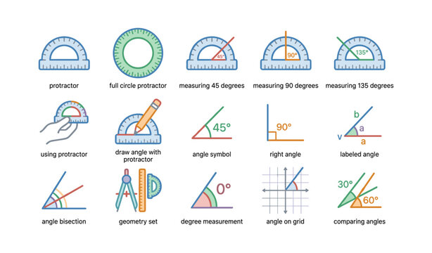 Protractor and angle measurement tools with various techniques and degrees illustrated
